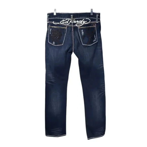 Ed Hardy Christian Audigier Boyfriend Jeans Womens Blue Dark Wash Embellished 30